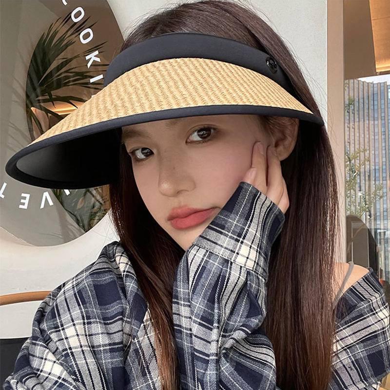 夏季帽子女草編UV防曬太陽帽防紫外線遮陽帽夏天騎車空頂大簷草帽-細節圖3