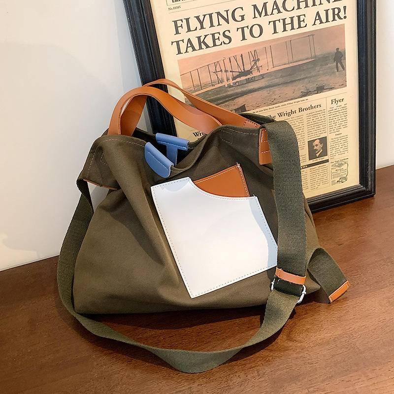 Cheerfulsprouts韓國小眾設計拼接帆布包包女士單肩包手提托特包百搭休閒斜挎包-細節圖7