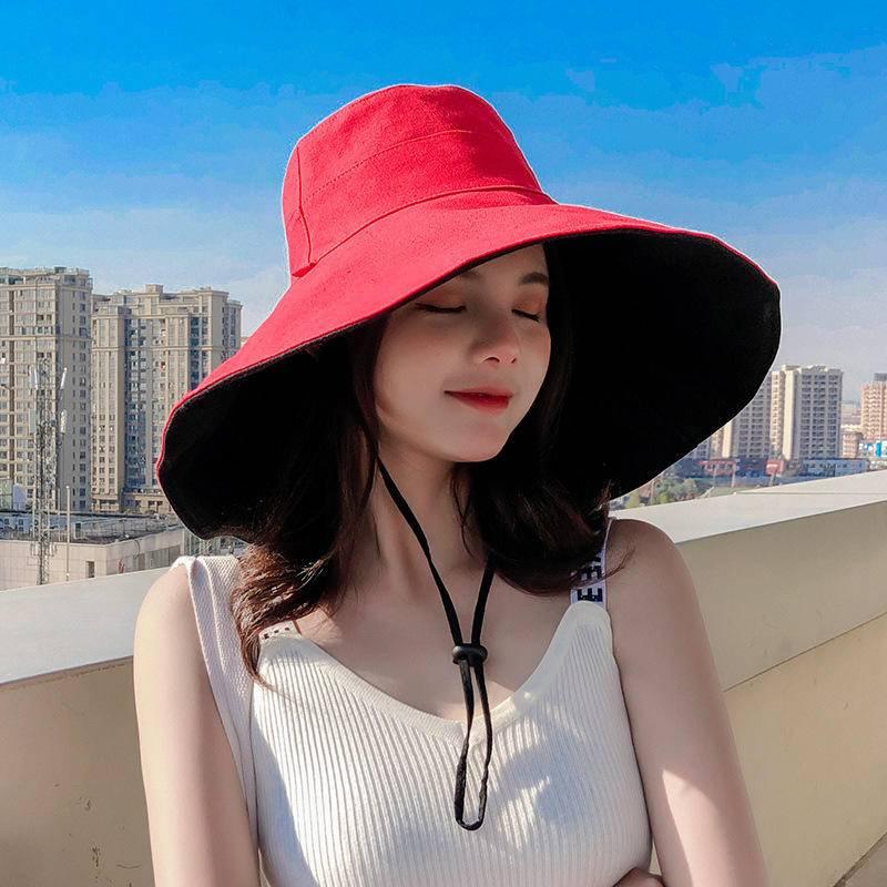 台灣現貨雙面漁夫帽女夏季日系15cm超大帽檐出遊遮陽防曬帽子防紫外線盆帽-細節圖7