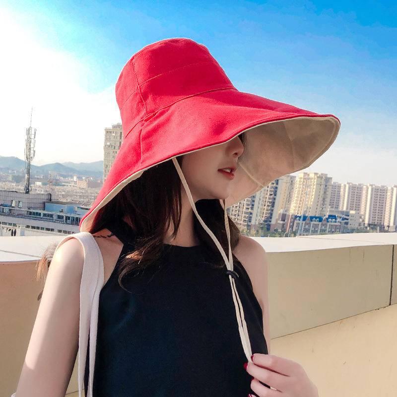 台灣現貨雙面漁夫帽女夏季日系15cm超大帽檐出遊遮陽防曬帽子防紫外線盆帽-細節圖8