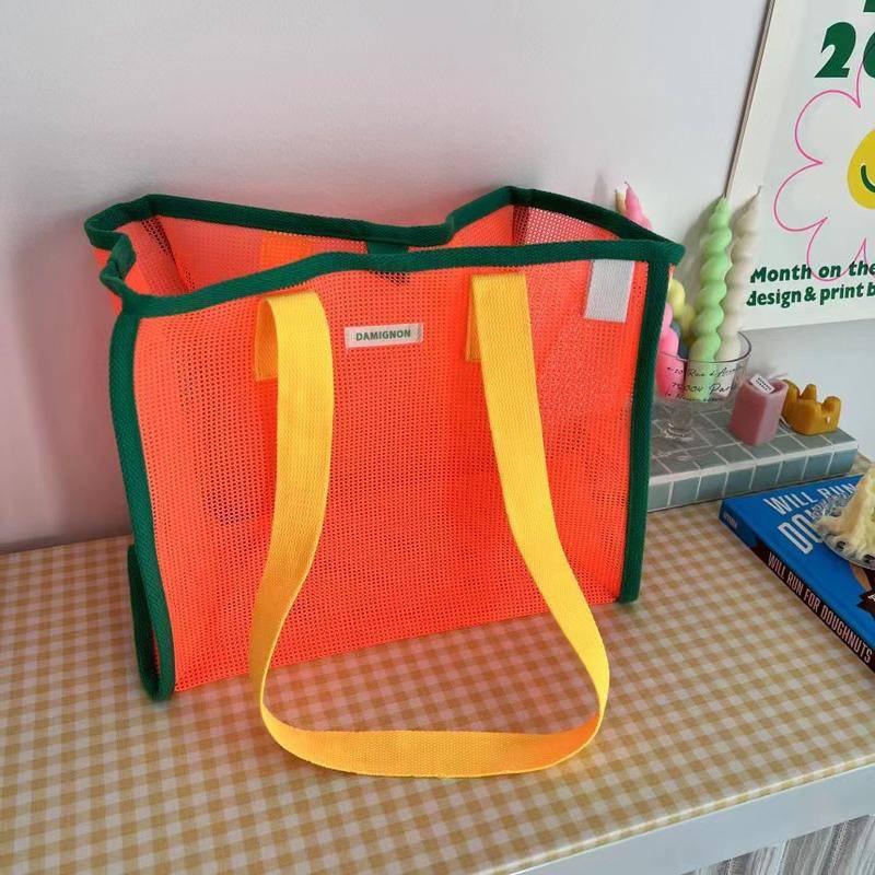 ins韓手提網眼沙灘包漏水洗澡包浴兜大容量旅行游泳收納袋玩具籃-細節圖7