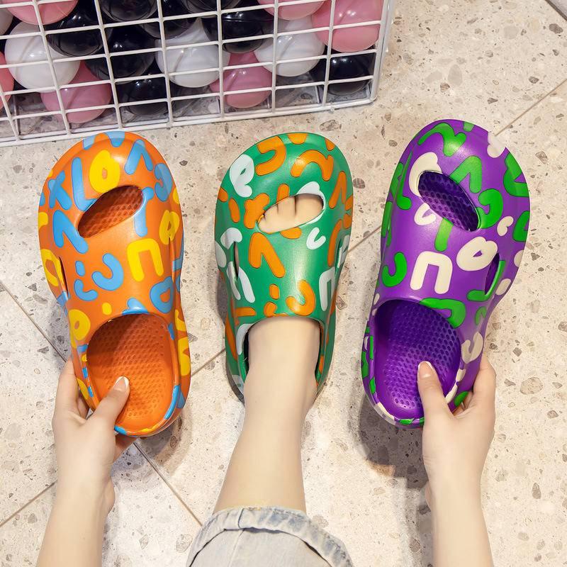 Cheerfulsprouts新款塗鴉包頭拖鞋女夏季外穿時尚踩屎感塗鴉包頭拖鞋涼拖鞋厚底情侶涼拖男批發-細節圖2