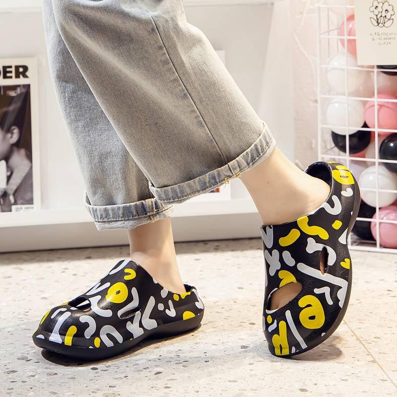 Cheerfulsprouts新款塗鴉包頭拖鞋女夏季外穿時尚踩屎感塗鴉包頭拖鞋涼拖鞋厚底情侶涼拖男批發-細節圖4