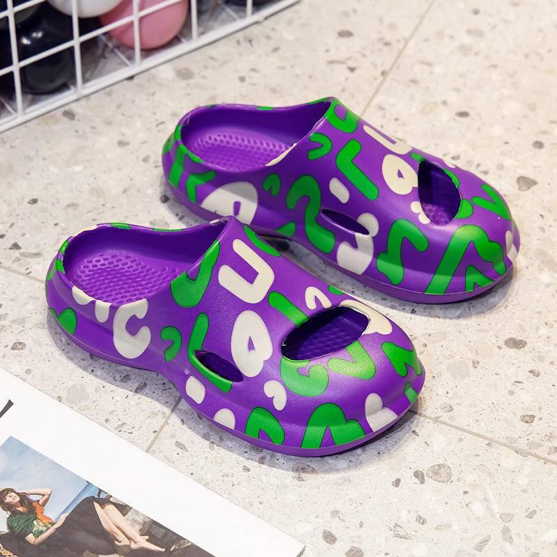 Cheerfulsprouts新款塗鴉包頭拖鞋女夏季外穿時尚踩屎感塗鴉包頭拖鞋涼拖鞋厚底情侶涼拖男批發-細節圖5