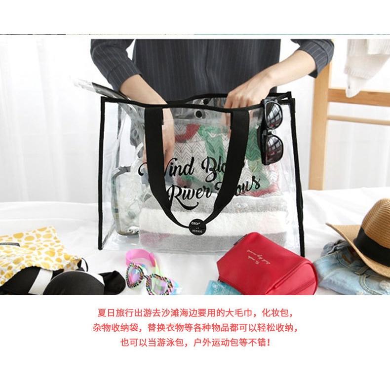 沙灘包 夏日防水大容量透明海邊沙灘包 全透明手提單肩包 手提包 防水袋 透明沙灘袋 防水包側背包肩背包 海灘包 果凍包-細節圖6