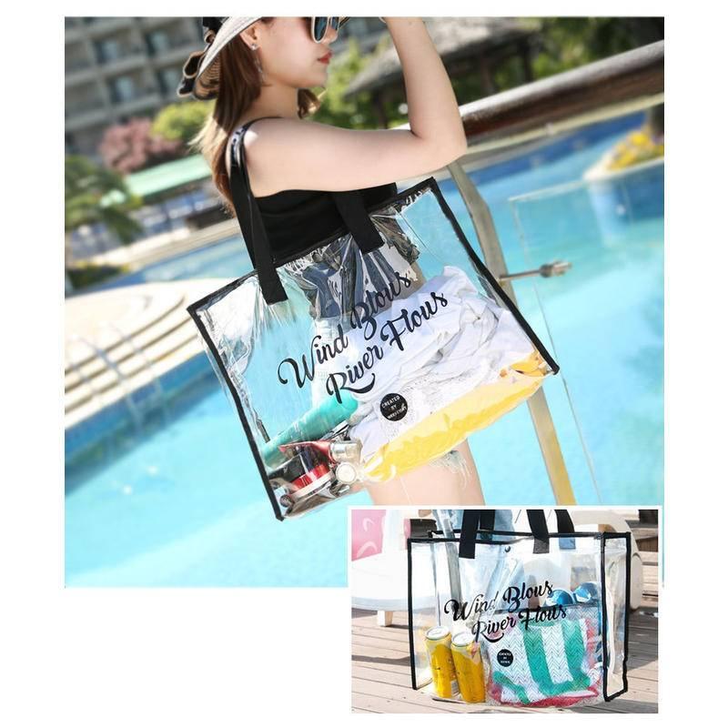 沙灘包 夏日防水大容量透明海邊沙灘包 全透明手提單肩包 手提包 防水袋 透明沙灘袋 防水包側背包肩背包 海灘包 果凍包-細節圖8