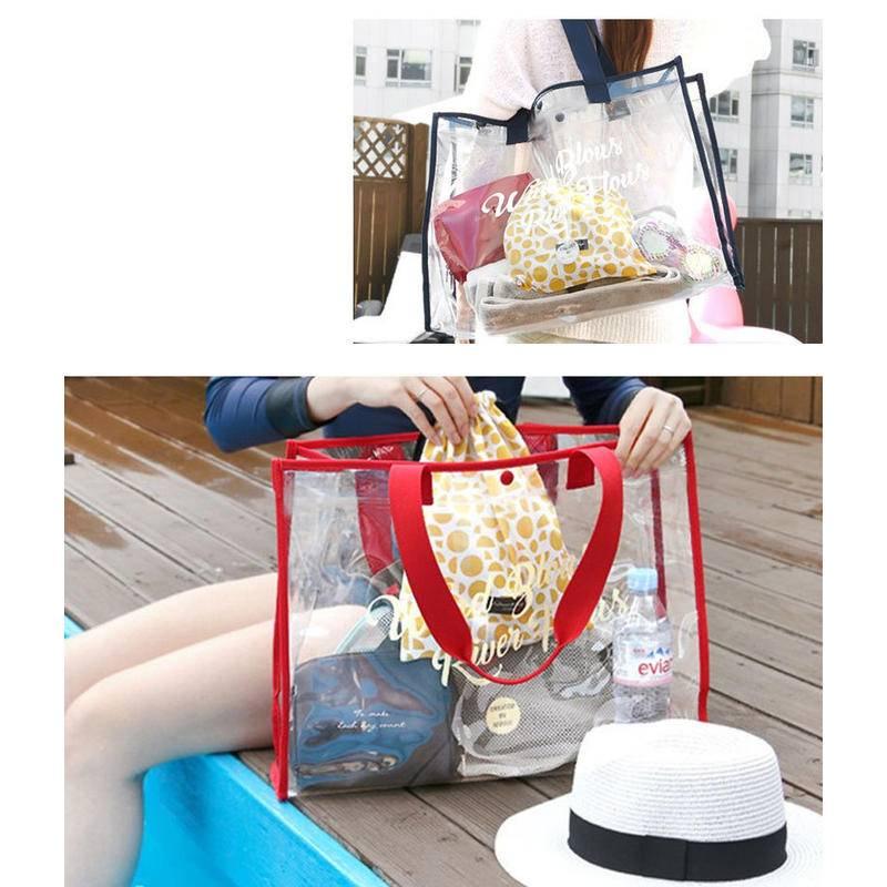 沙灘包 夏日防水大容量透明海邊沙灘包 全透明手提單肩包 手提包 防水袋 透明沙灘袋 防水包側背包肩背包 海灘包 果凍包-細節圖9