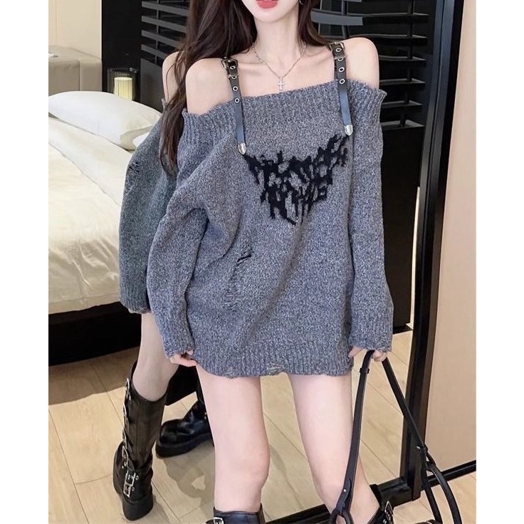 皮扣一字肩寬鬆慵懶風針織上衣-細節圖2