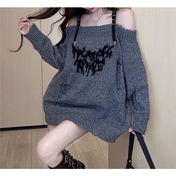 皮扣一字肩寬鬆慵懶風針織上衣-細節圖4