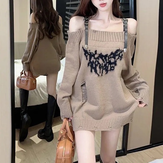 皮扣一字肩寬鬆慵懶風針織上衣-細節圖5