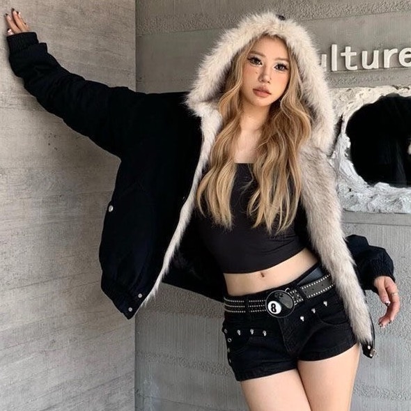 美式大毛絨連帽外套 黑色-細節圖2