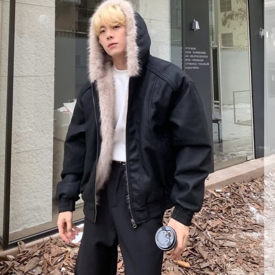 美式大毛絨連帽外套 黑色-細節圖5