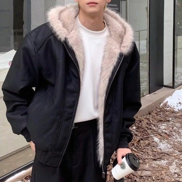 美式大毛絨連帽外套 黑色-細節圖6