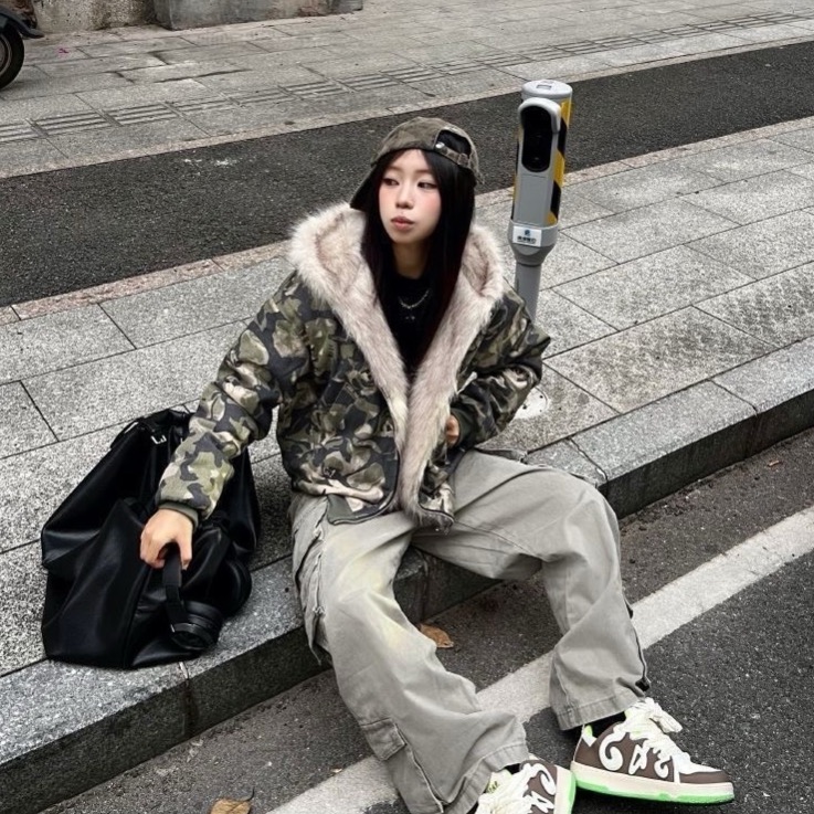 美式大毛絨連帽外套 迷彩-細節圖4