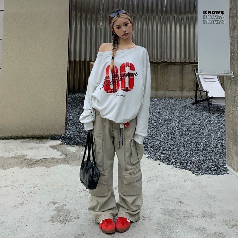 美式街頭感純棉斜肩上衣-細節圖2