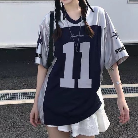 美式街頭寬鬆足球運動休閒T 藍-細節圖2