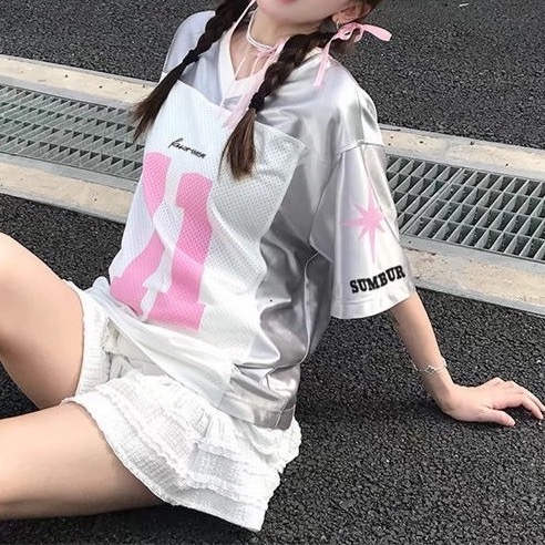 美式街頭寬鬆足球運動休閒T 粉-細節圖2