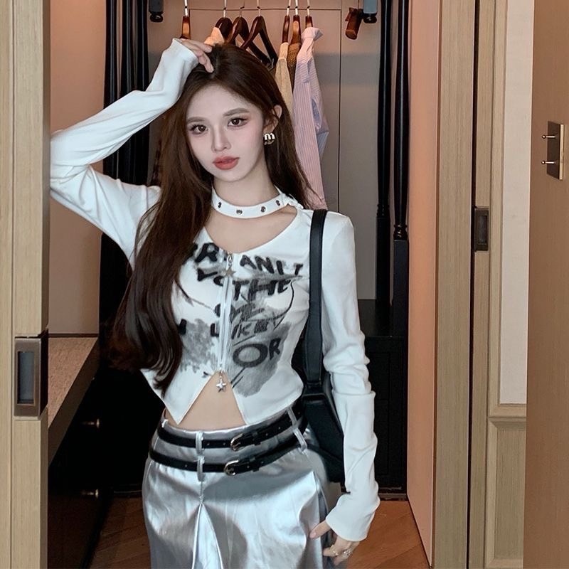 純欲風掛脖雙拉鏈長袖T 白-細節圖2