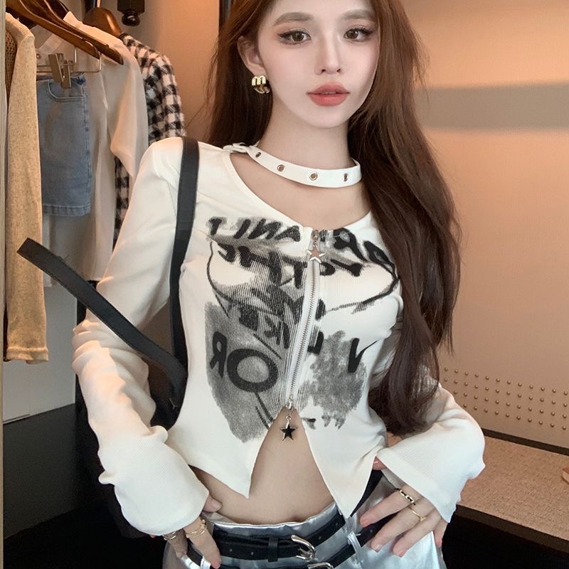 純欲風掛脖雙拉鏈長袖T 白-細節圖3