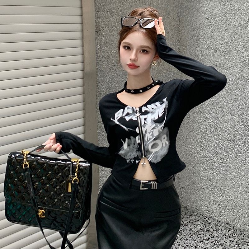 純欲風掛脖雙拉鏈長袖T 黑-細節圖3