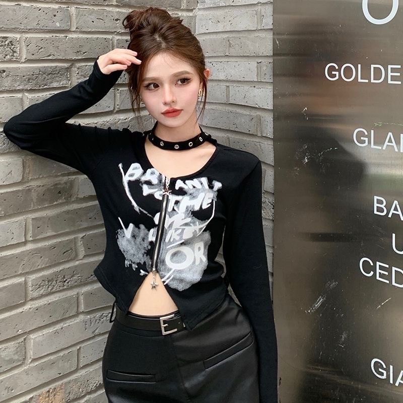 純欲風掛脖雙拉鏈長袖T 黑-細節圖4