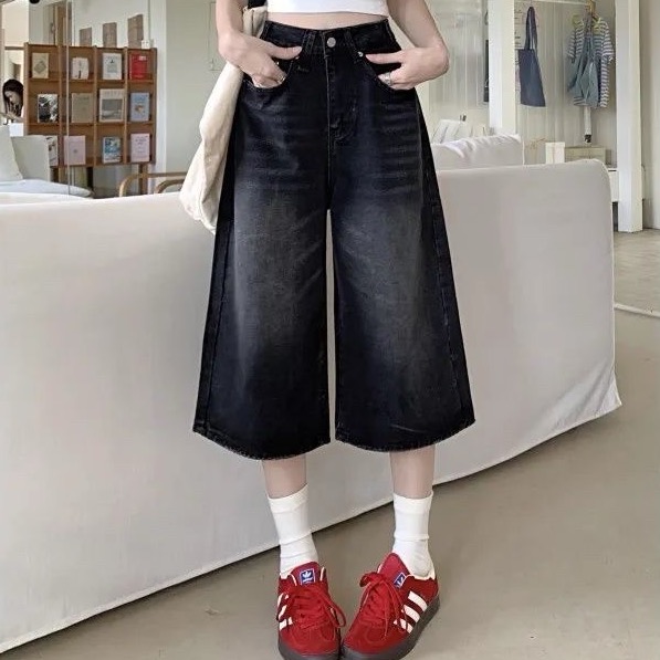 美式黑灰復古水洗七分牛仔褲-細節圖2