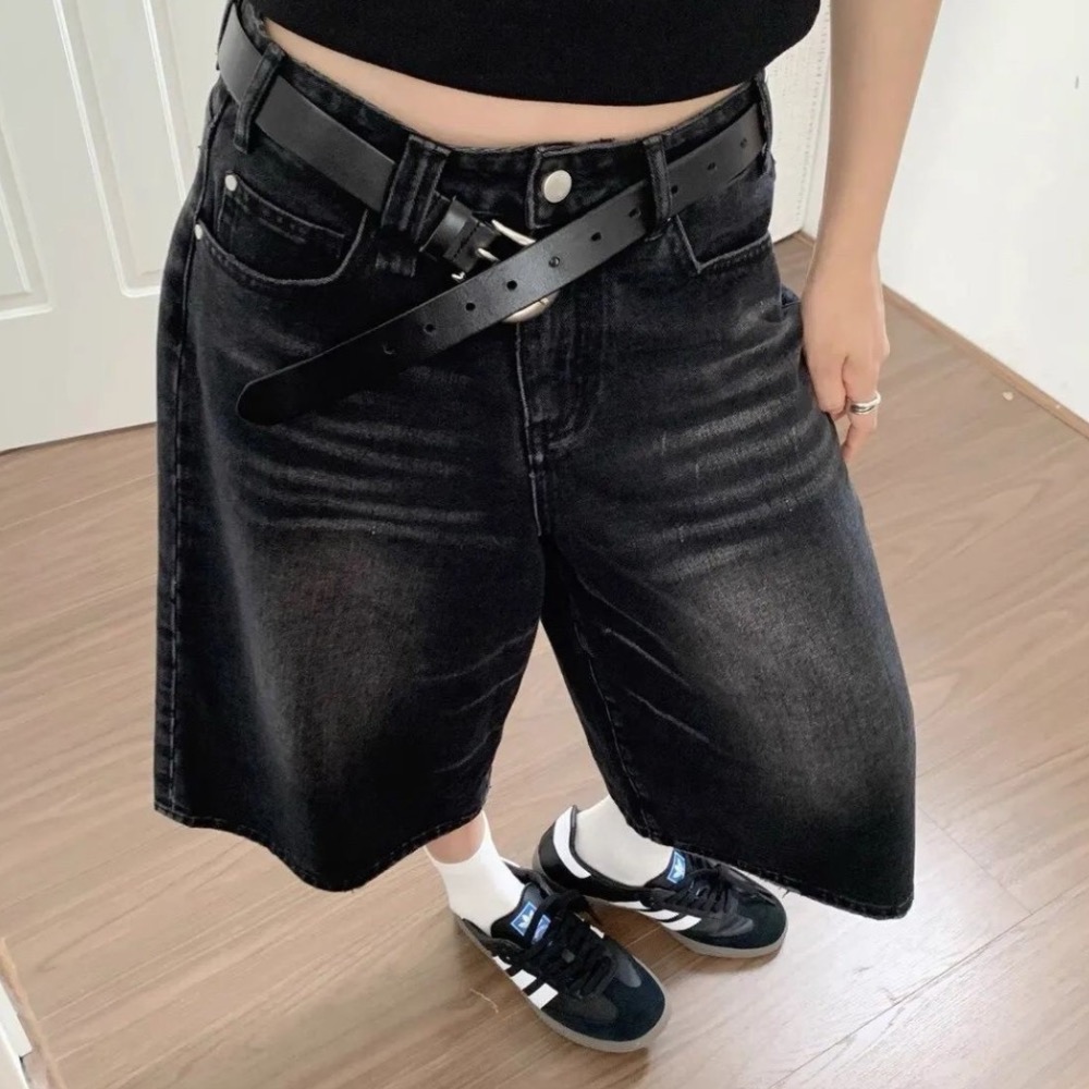 美式黑灰復古水洗七分牛仔褲-細節圖3