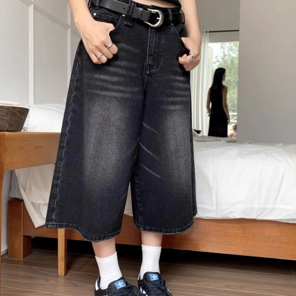 美式黑灰復古水洗七分牛仔褲-細節圖4