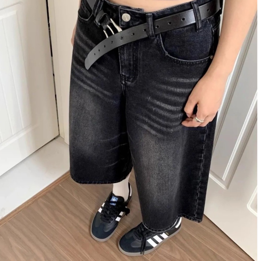 美式黑灰復古水洗七分牛仔褲-細節圖5