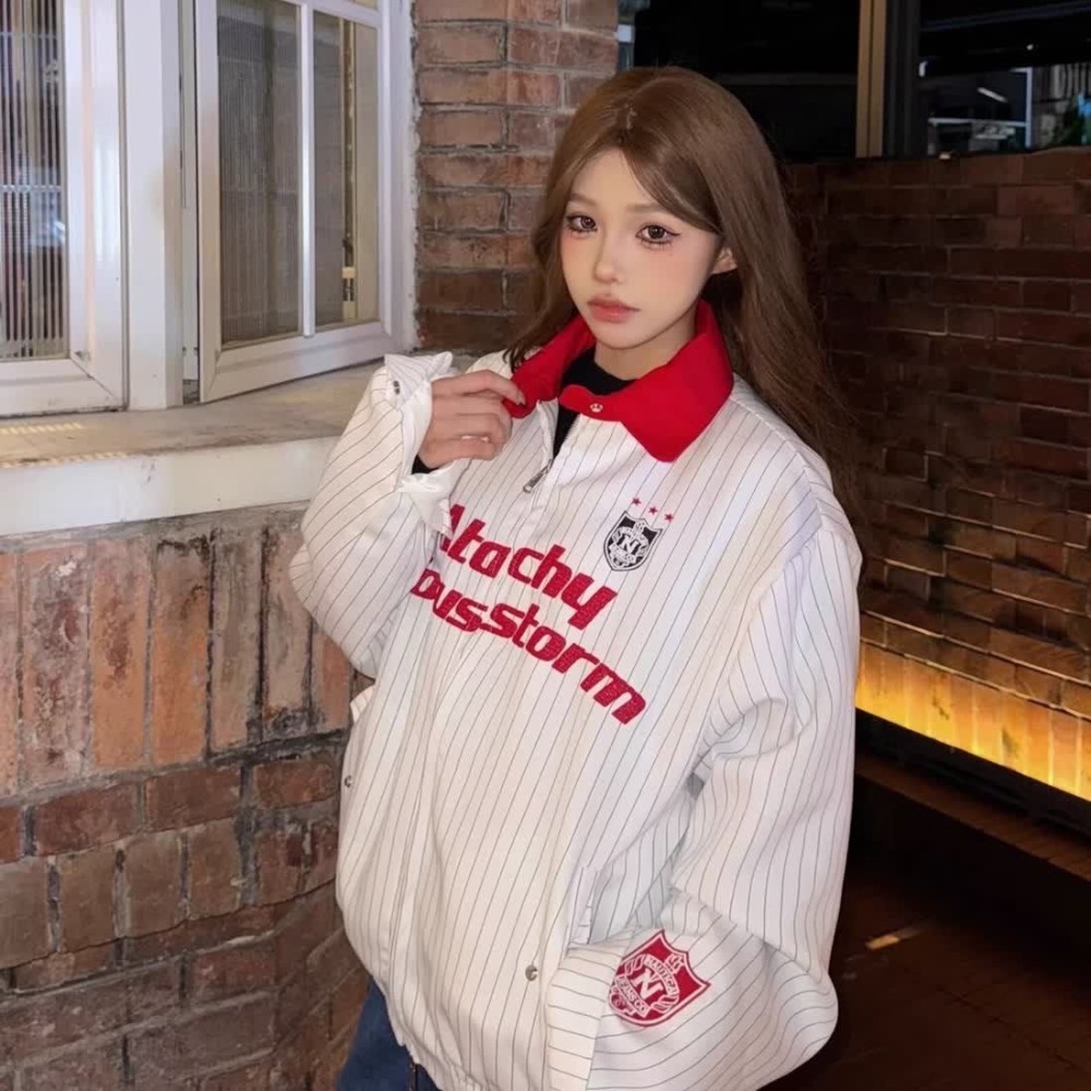 撞色系條紋拼接寬鬆棒球外套 紅白條紋-細節圖2