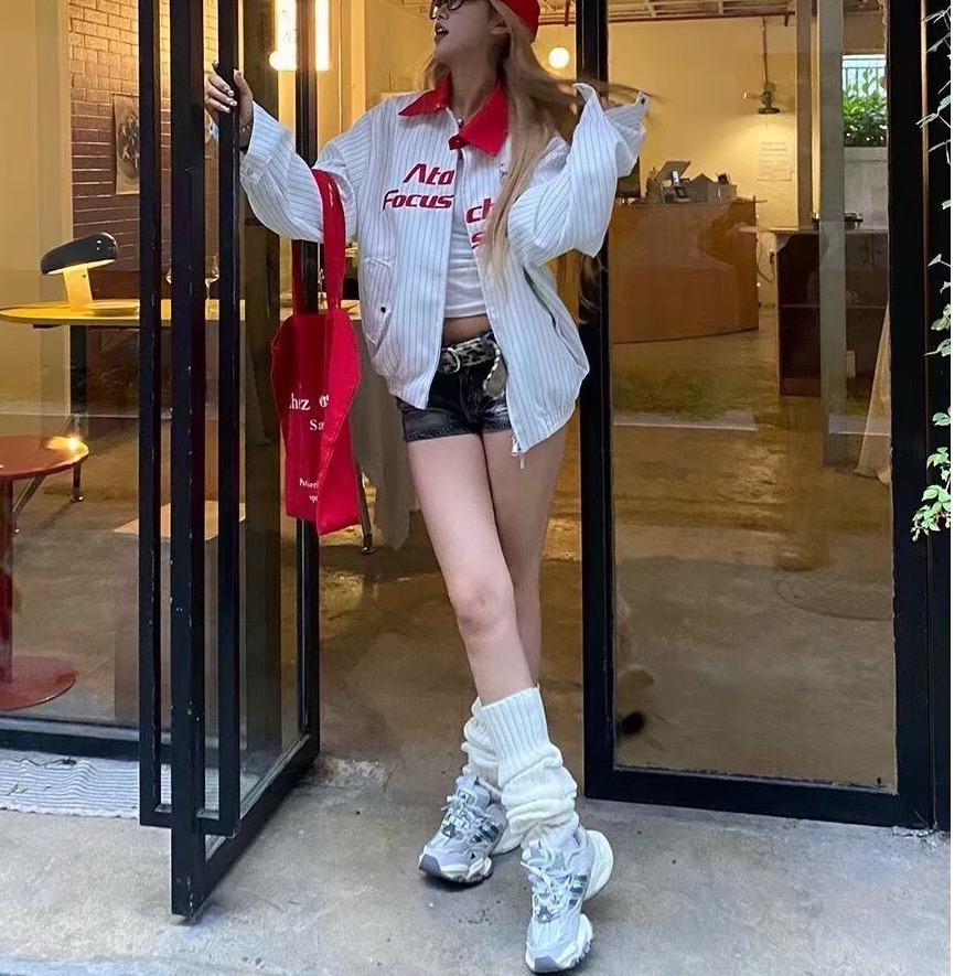 撞色系條紋拼接寬鬆棒球外套 紅白條紋-細節圖3