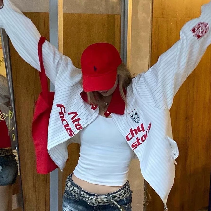 撞色系條紋拼接寬鬆棒球外套 紅白條紋-細節圖4