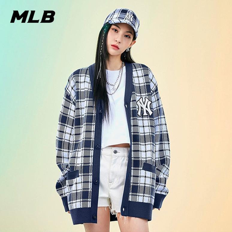 🇰🇷韓國代購 免運 MLB 格紋針織衫 NY 開衫 針織開衫 外套 毛衣 休閒寬鬆 情侶外套 3AKC001-細節圖2