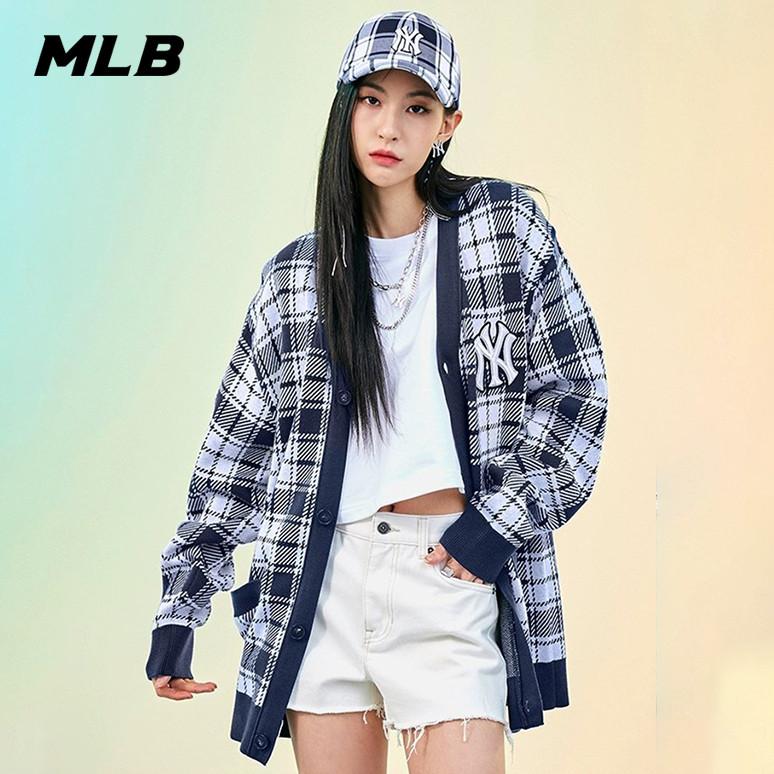 🇰🇷韓國代購 免運 MLB 格紋針織衫 NY 開衫 針織開衫 外套 毛衣 休閒寬鬆 情侶外套 3AKC001-細節圖3