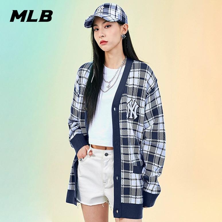 🇰🇷韓國代購 免運 MLB 格紋針織衫 NY 開衫 針織開衫 外套 毛衣 休閒寬鬆 情侶外套 3AKC001-細節圖4