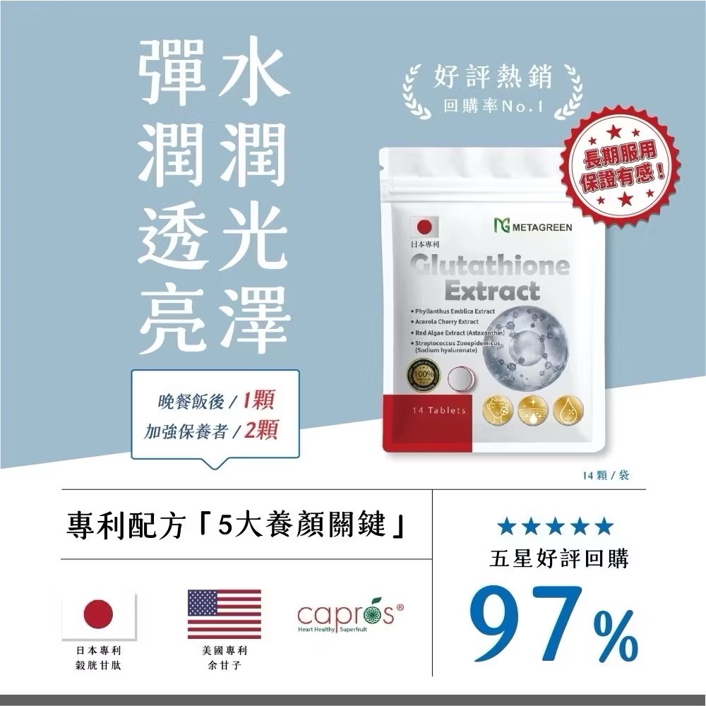現貨🔥透亮新姬 METAGREEN元綠生技 穀胱甘肽 14錠/袋 蝦紅素 玻尿酸 青春美麗 公司貨-細節圖2
