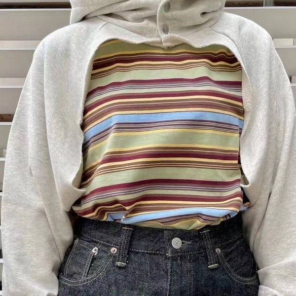 【*Kimi】BMS 日牌23年春夏復古休閒彩色純綿條紋短袖T恤上衣 - 三色 230530-細節圖6