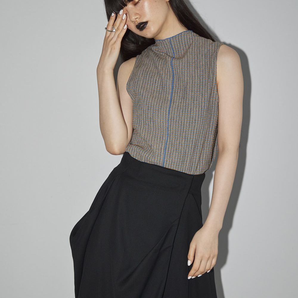 【*Kimi】TDF 日本貴牌木耳邊小立領撞色彈性中縫華夫格紋無袖背心上衣 - 三色 230601-細節圖3