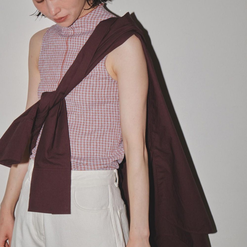 【*Kimi】TDF 日本貴牌木耳邊小立領撞色彈性中縫華夫格紋無袖背心上衣 - 三色 230601-細節圖6