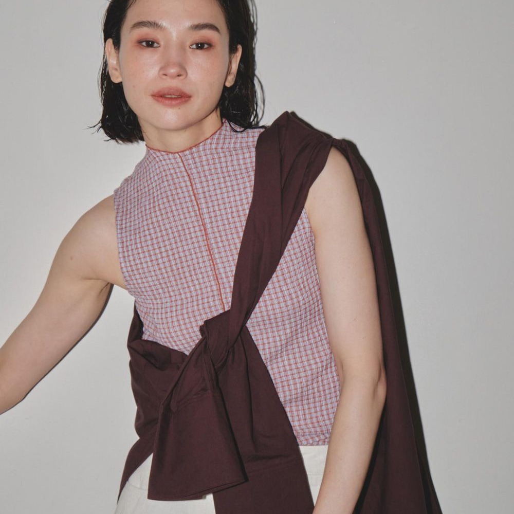 【*Kimi】TDF 日本貴牌木耳邊小立領撞色彈性中縫華夫格紋無袖背心上衣 - 三色 230601-細節圖8