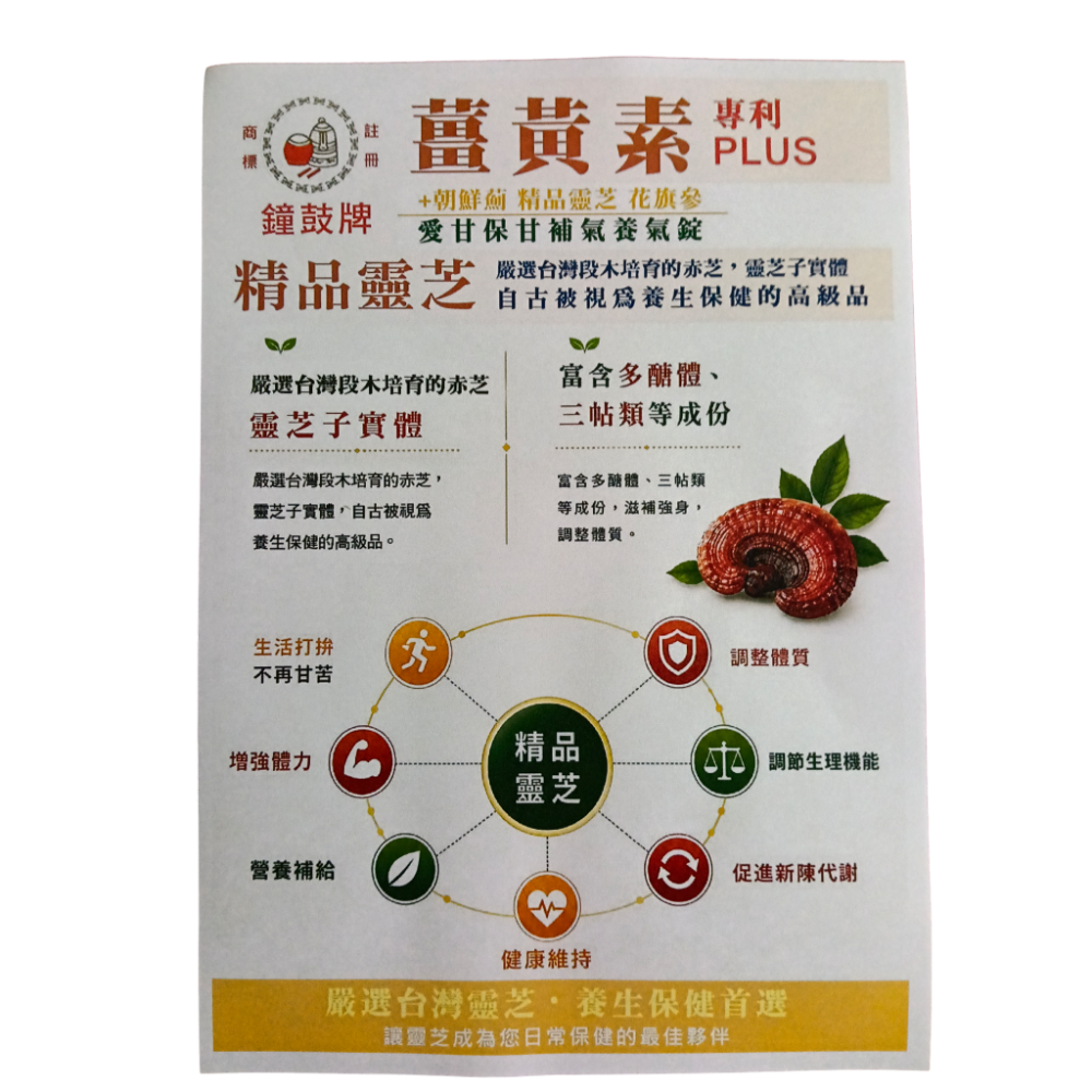 鐘鼓牌薑黃素（專利PLUS）+朝鮮薊 精品靈芝 花旗蔘 愛甘保甘，補氣養氣錠一盒30粒錠-細節圖5