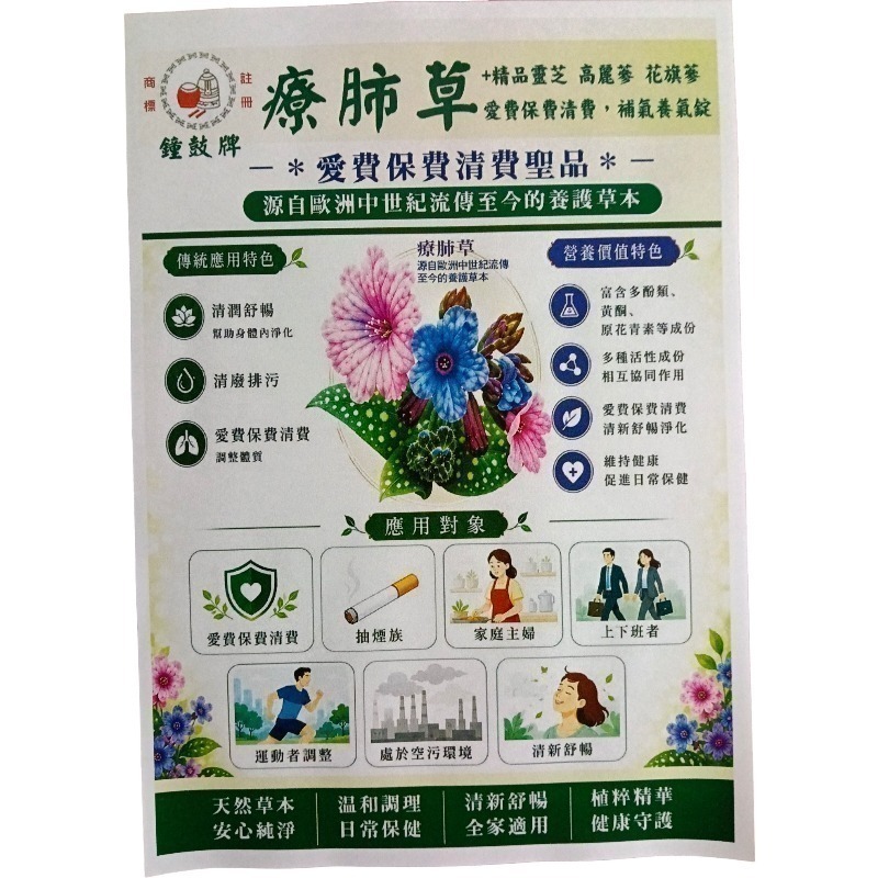 鐘鼓牌療肺草+精品靈芝 高麗蔘 花旗蔘 愛費保費清費，補氣養氣錠一盒30粒錠-細節圖3