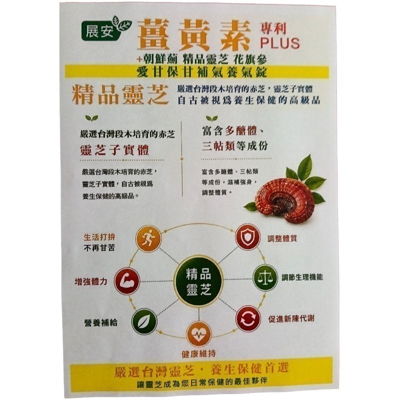 展安 薑黃素(專利PLUS)+朝鮮薊 精品靈芝 花旗蔘 愛甘保甘，補氣養氣錠一盒30粒錠-細節圖5