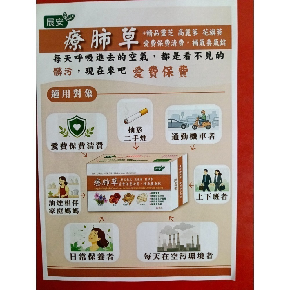 展安 療肺草+精品靈芝 高麗蔘 花旗蔘 愛費保肺清費，補氣養氣錠一盒30粒錠-細節圖2
