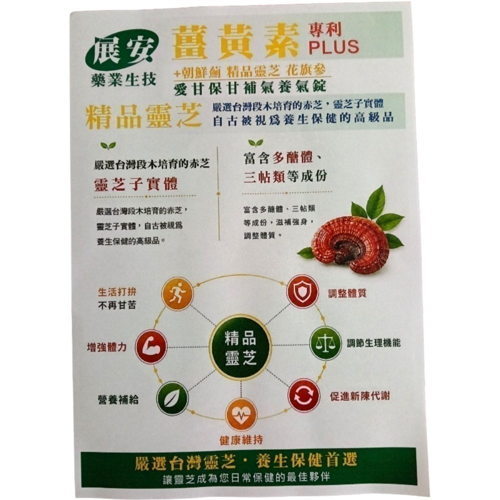 展安藥業生技薑黃素（專利PLUS）+朝鮮薊 精品靈芝 花旗蔘 愛甘保甘，補氣養氣錠一盒30粒錠-細節圖5