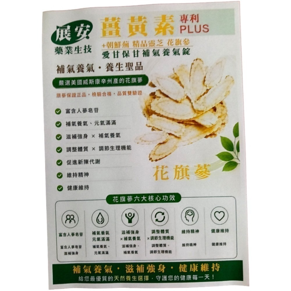 展安藥業生技薑黃素（專利PLUS）+朝鮮薊 精品靈芝 花旗蔘 愛甘保甘，補氣養氣錠一盒30粒錠-細節圖7