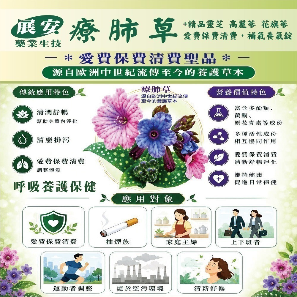 展安藥業生技療肺草+精品靈芝 高麗蔘 花旗蔘 愛費保費清費，補氣養氣錠一盒30粒錠-細節圖3