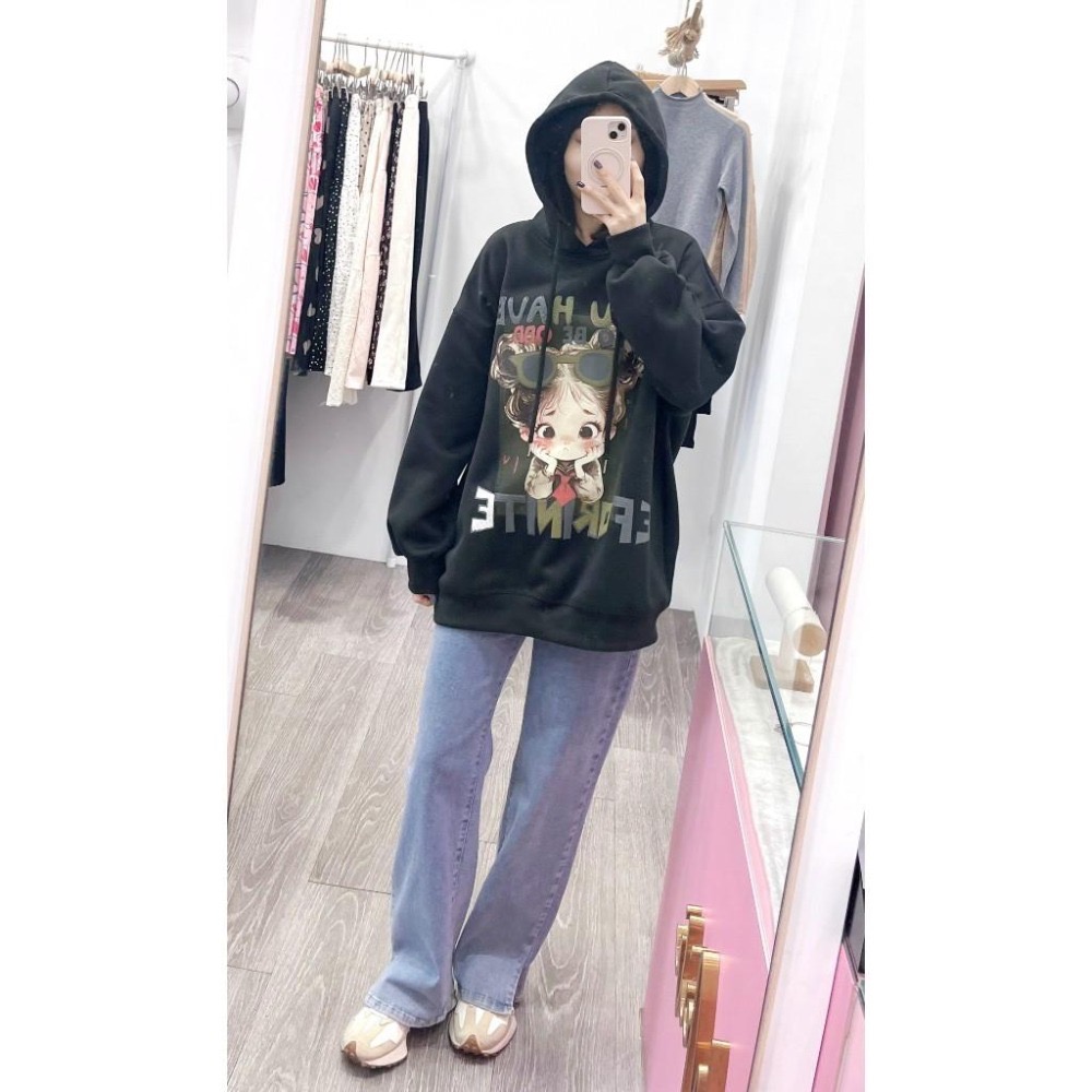 (A371)小女孩印花內刷絨長袖帽t-3色 連帽上衣 長袖上衣 長版上衣 寬鬆 保暖-細節圖5