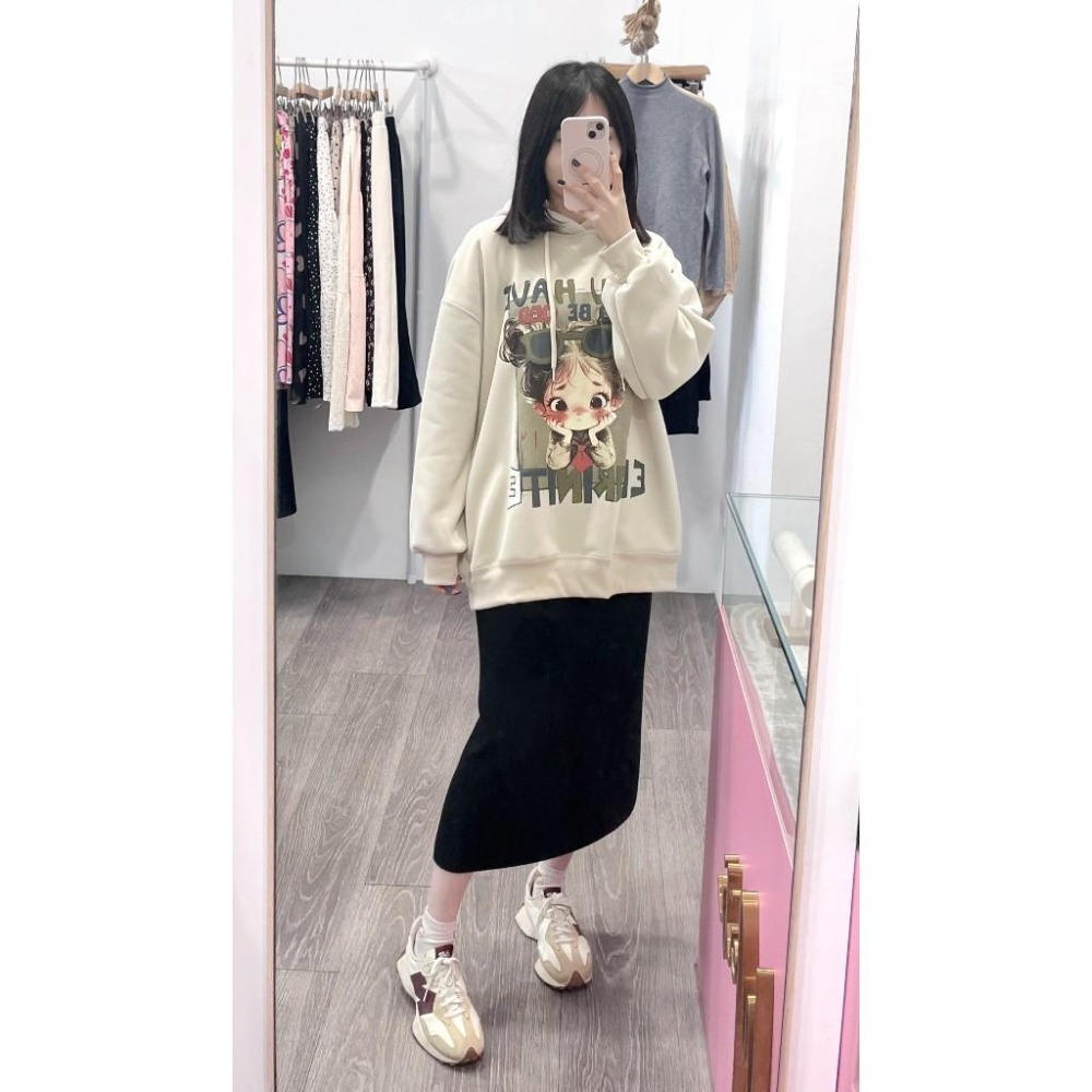 (A371)小女孩印花內刷絨長袖帽t-3色 連帽上衣 長袖上衣 長版上衣 寬鬆 保暖-細節圖3