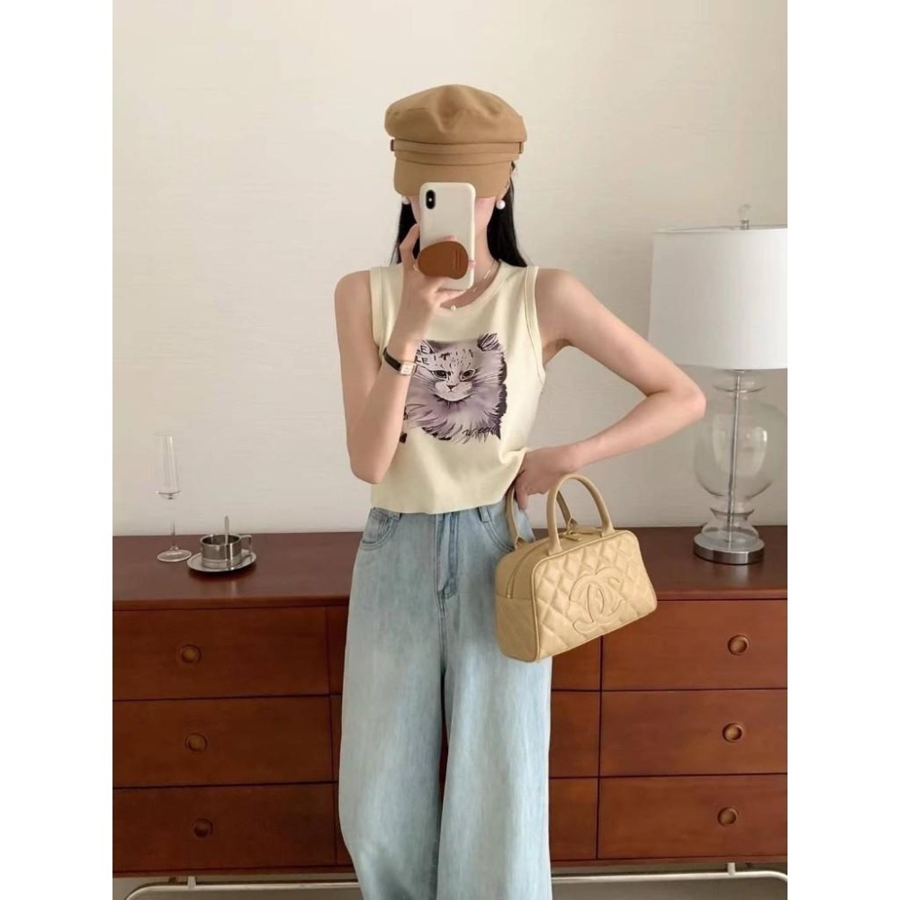 (A334)貓咪印花無袖針織短版上衣-3色-細節圖2